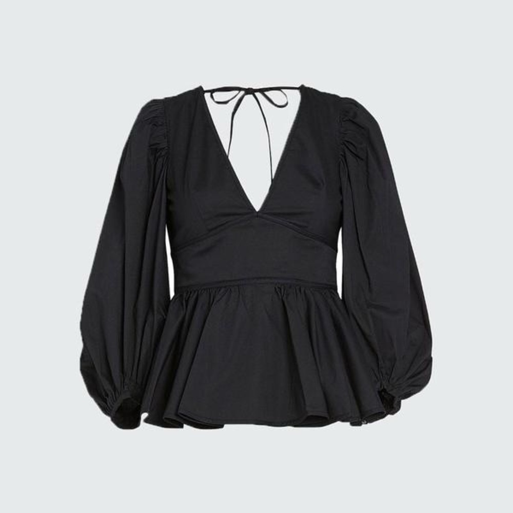 STAUD Luna Poplin V-Neck Open Back Puff Sleeve Top in Black - Picture 2 of 9